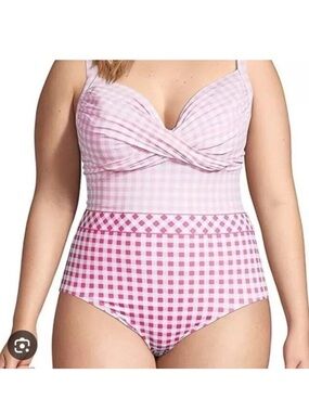Draper James Lands End Pink White Gingham Colorblock One Piece Swim UPF50 16